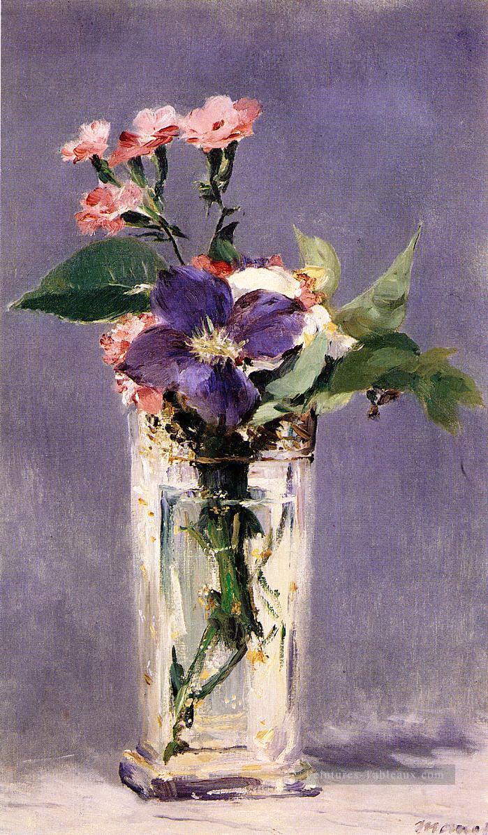 Roses et Clématites dans un vase en cristal Édouard Manet Peintures à l'huile